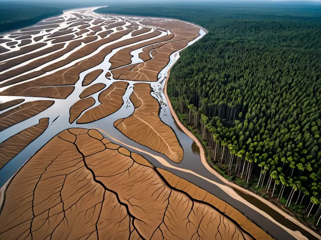 Vista aérea de paisaje deforestado con lechos de ríos secos, destacando la injusticia ambiental global en derechos humanos