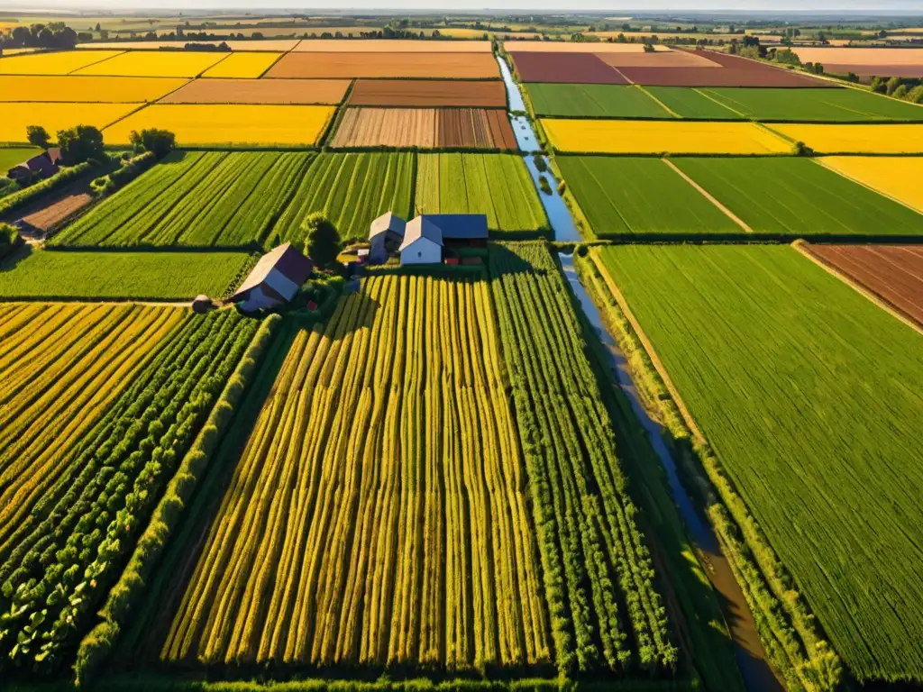 Vista aérea de un paisaje agrícola diverso y exuberante, con campos de cultivos vibrantes que se extienden hasta el horizonte