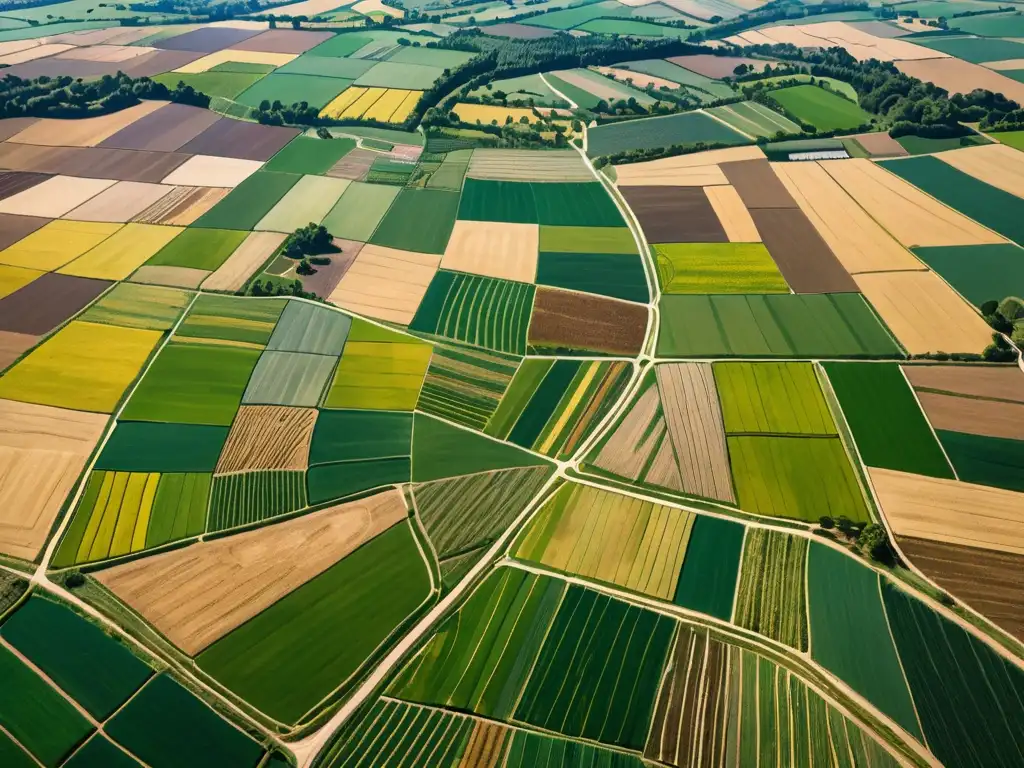 Vista aérea de un paisaje agrícola extenso con campos verdes y dorados, ríos serpenteantes y granjas