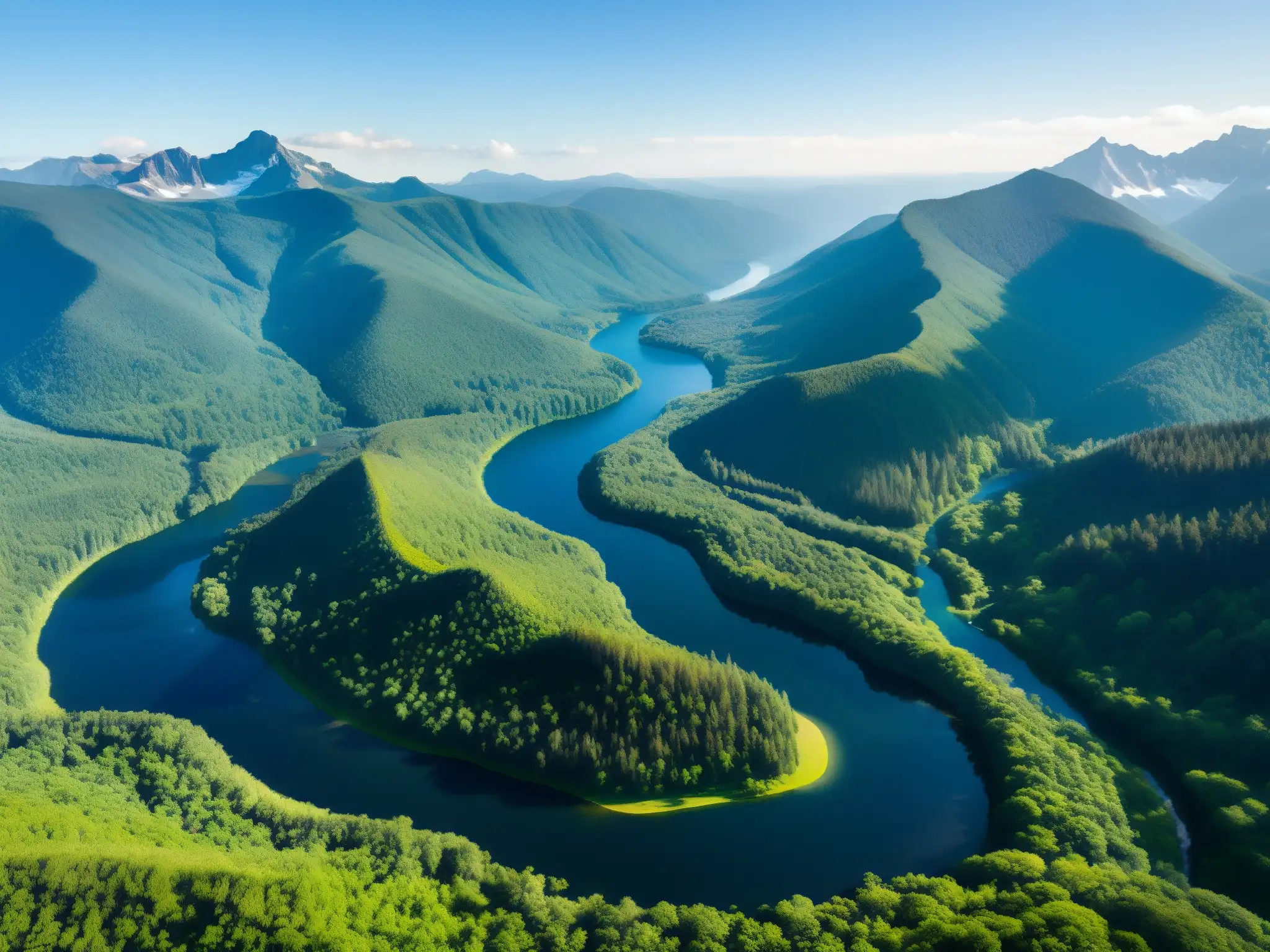 Vista aérea de paisaje exuberante con ríos serpenteantes, bosques densos y lago azul