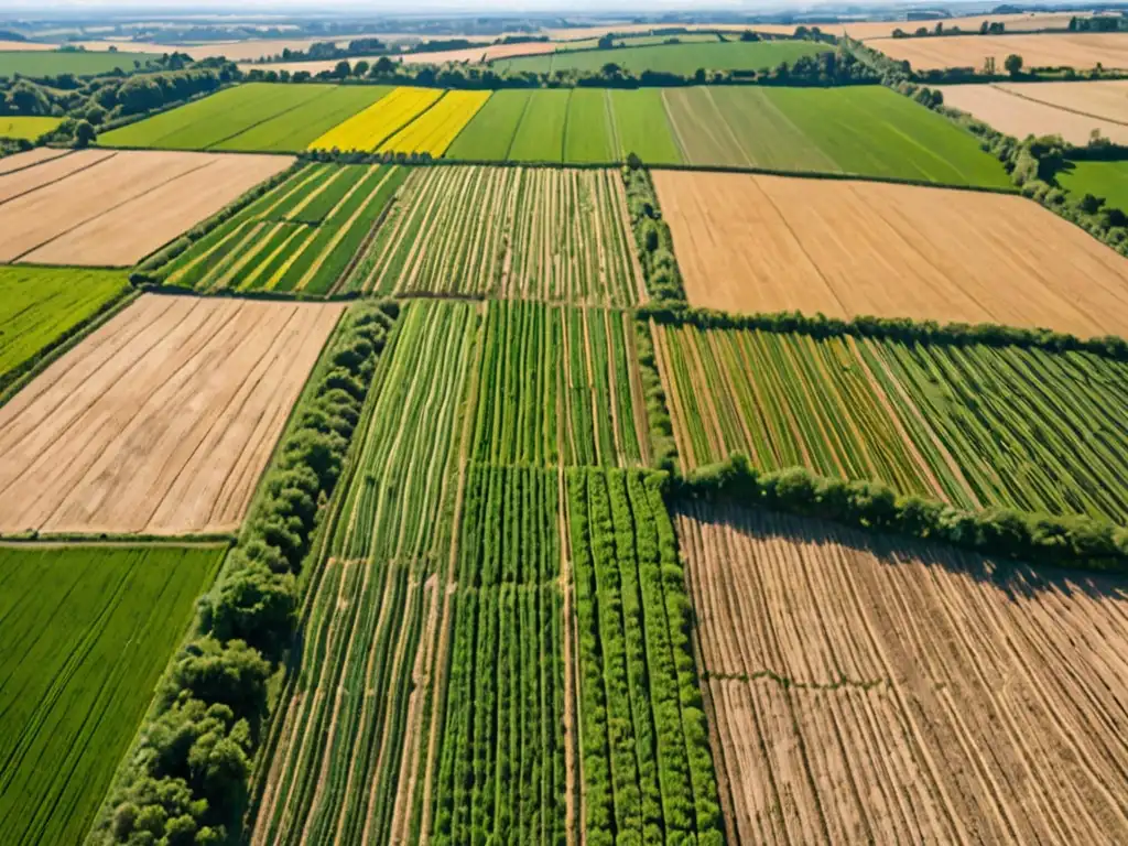 Vista aérea de un paisaje agrícola exuberante con campos que se extienden hacia el horizonte, destacando el equilibrio entre la producción de alimentos y la protección del medio ambiente
