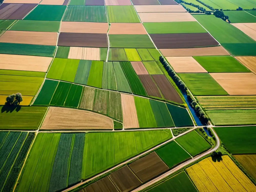 Vista aérea de paisaje agrícola exuberante, con cultivos en tonos verdes y dorados, canales de riego y edificaciones rurales