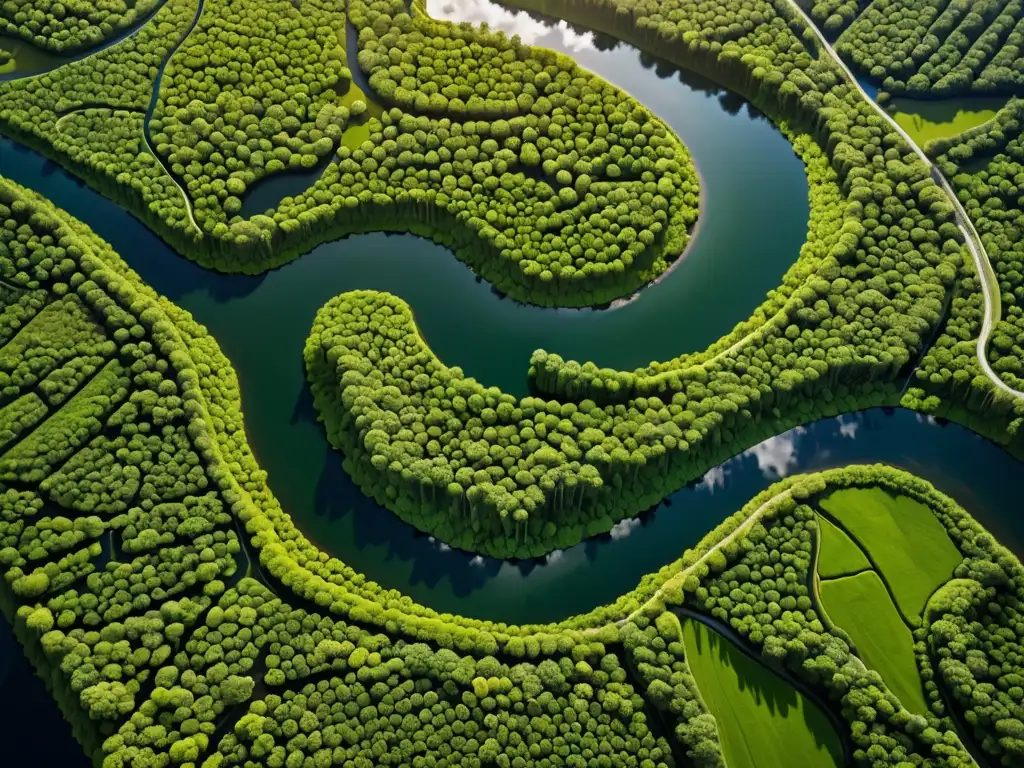 Vista aérea de un paisaje exuberante con río, destaca la importancia de la evaluación ambiental para la armonía entre naturaleza y desarrollo humano