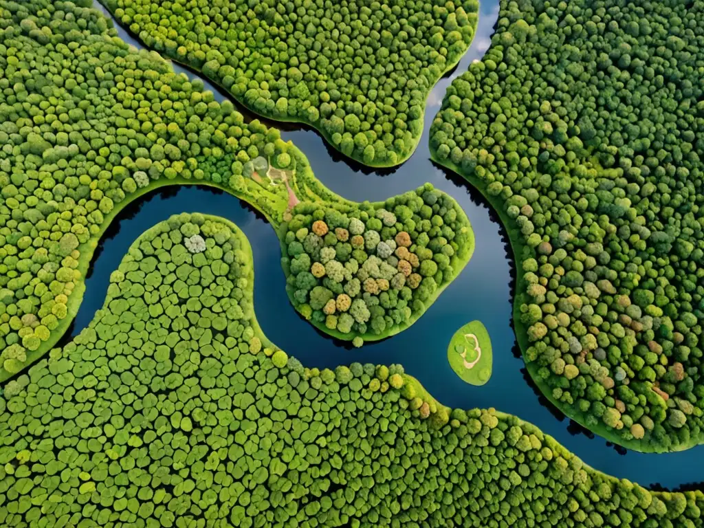 Vista aérea de un paisaje natural diverso en un sitio de la Red Natura 2000, con bosques, ríos y humedales