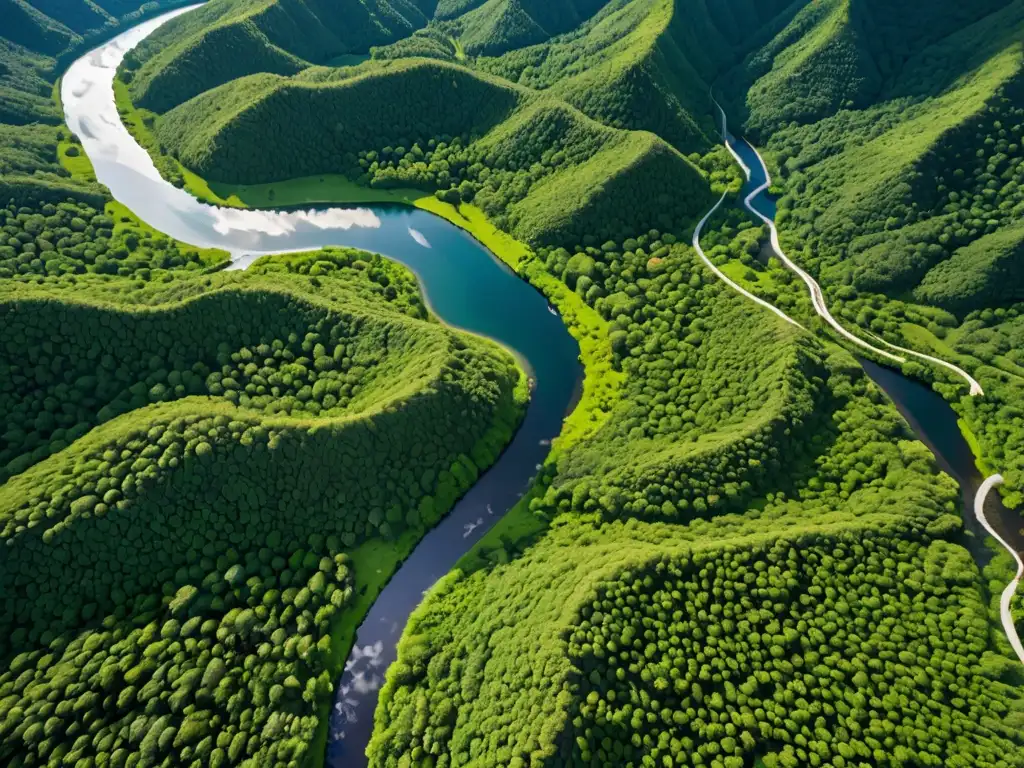 Vista aérea de un paisaje natural protegido, con ríos serpenteantes y exuberante flora, evocando la regulación turismo áreas protegidas