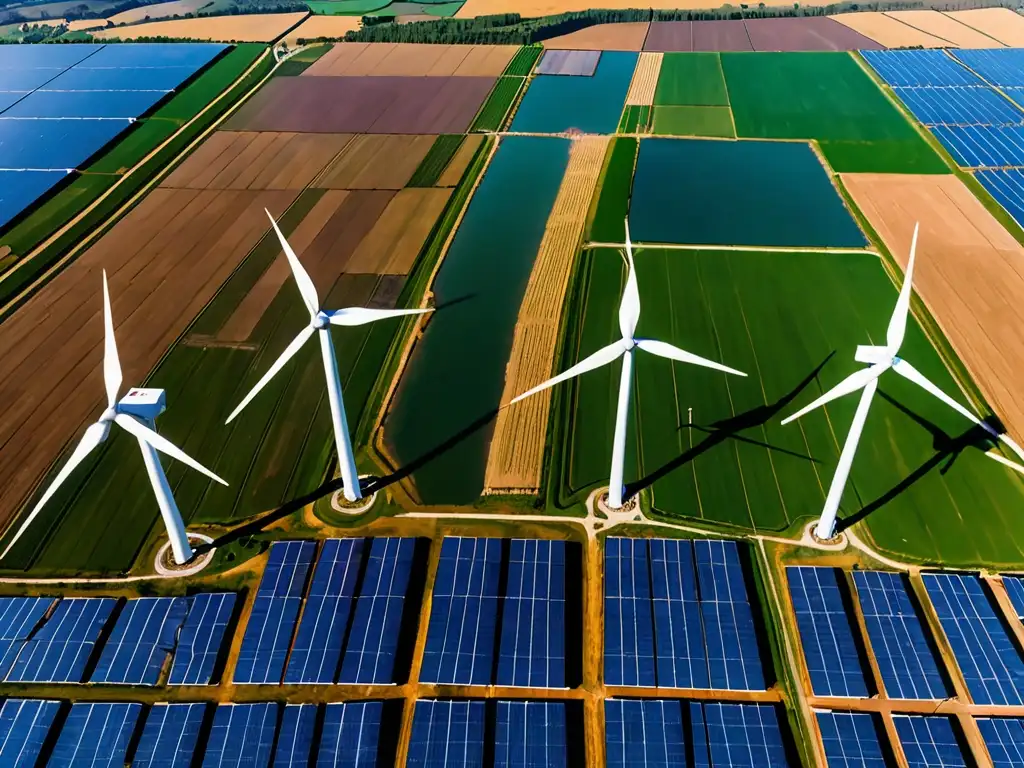 Vista aérea de paisaje con paneles solares y aerogeneradores, mostrando coexistencia de mecanismos de cumplimiento energía renovable en entorno rural