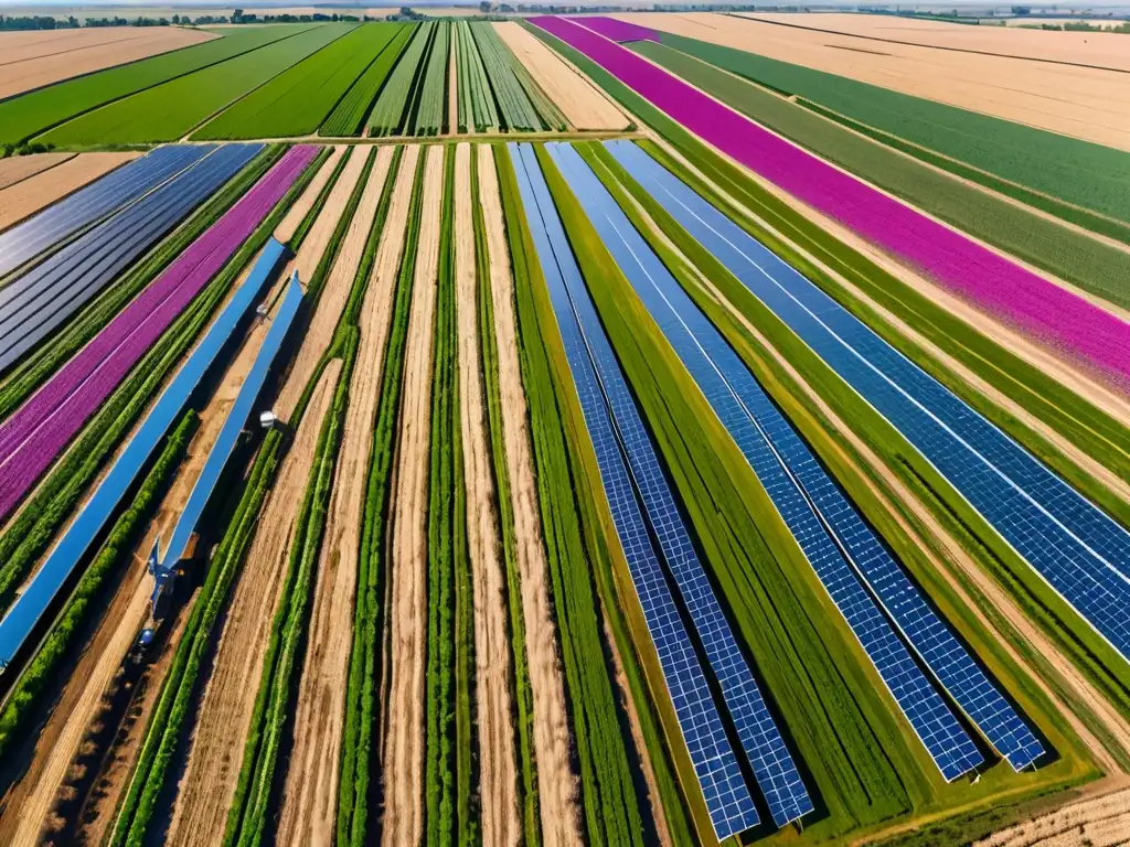 Vista aérea de un paisaje agrícola sostenible con cultivos coloridos, paneles solares y molinos de viento