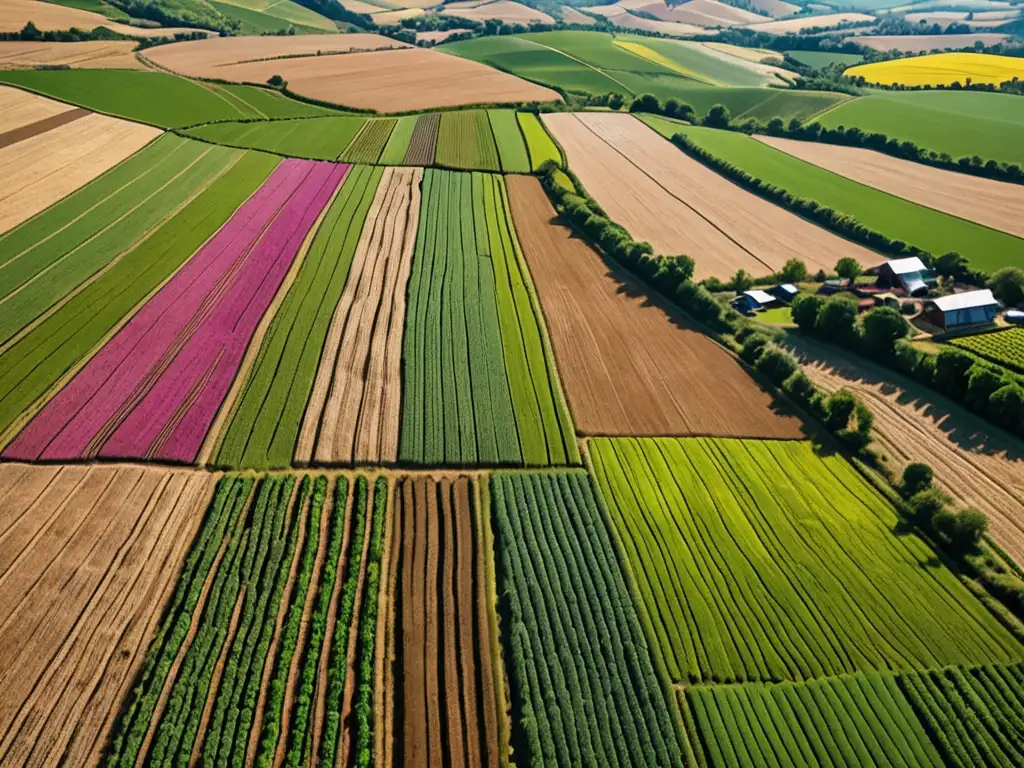 Vista aérea de paisaje agrícola diverso con tecnologías innovadoras y agricultores