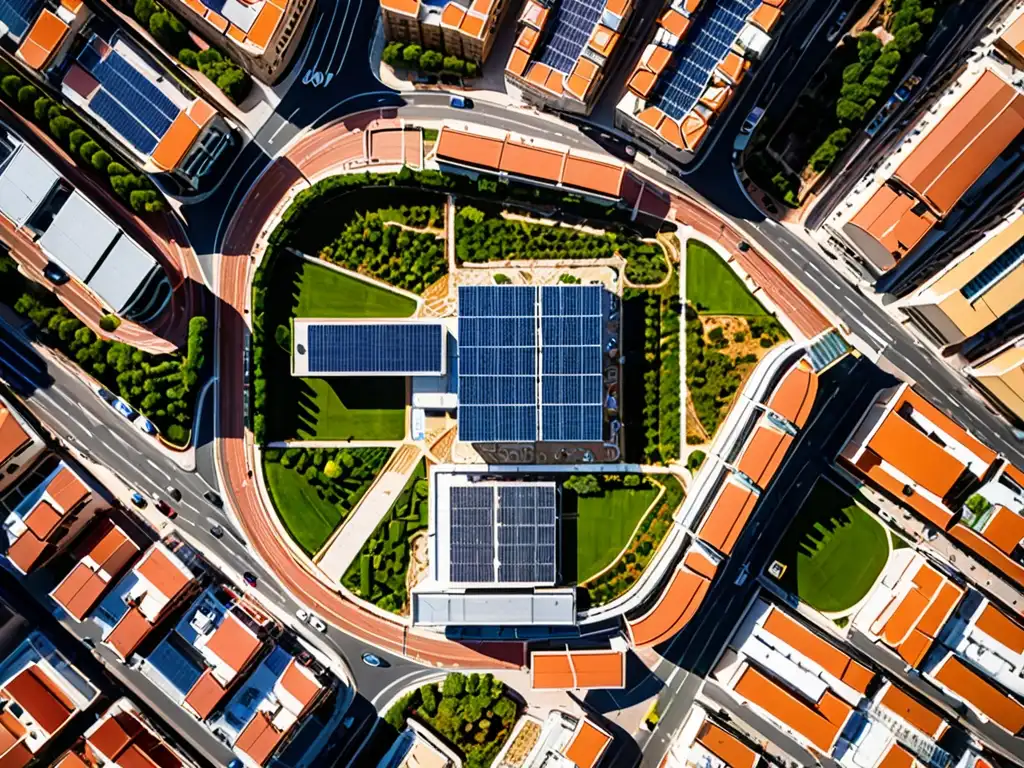 Vista aérea de paisaje urbano moderno en España con normativas eficiencia energética edificaciones urbanas, resaltando diseño sostenible y tecnológico