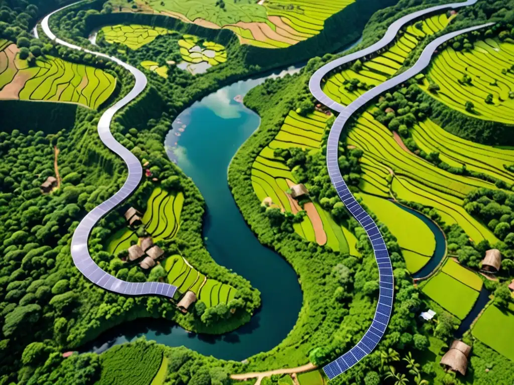 Vista aérea de paisaje verde con río, ecolodges sostenibles y actividades al aire libre