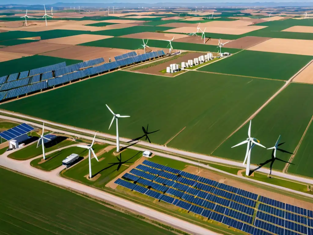 Vista aérea de paisaje verde en España con energía renovable y estación de hidrógeno