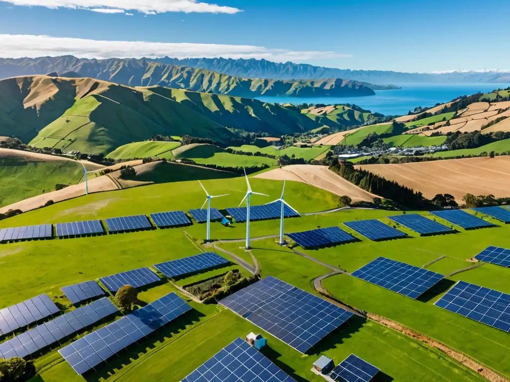 Vista aérea de paisaje verde en Nueva Zelanda con molinos de viento