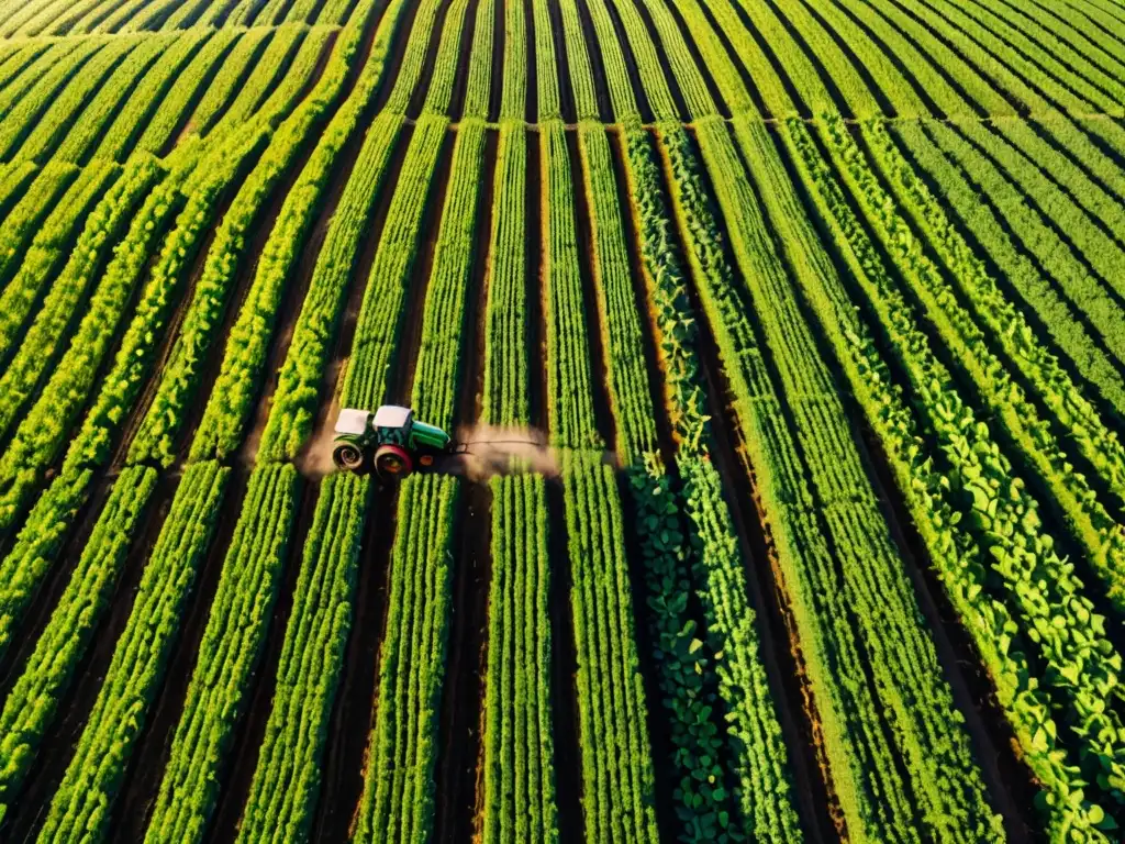 Vista aérea de paisaje agrícola verde con filas de cultivos, agricultores laborando