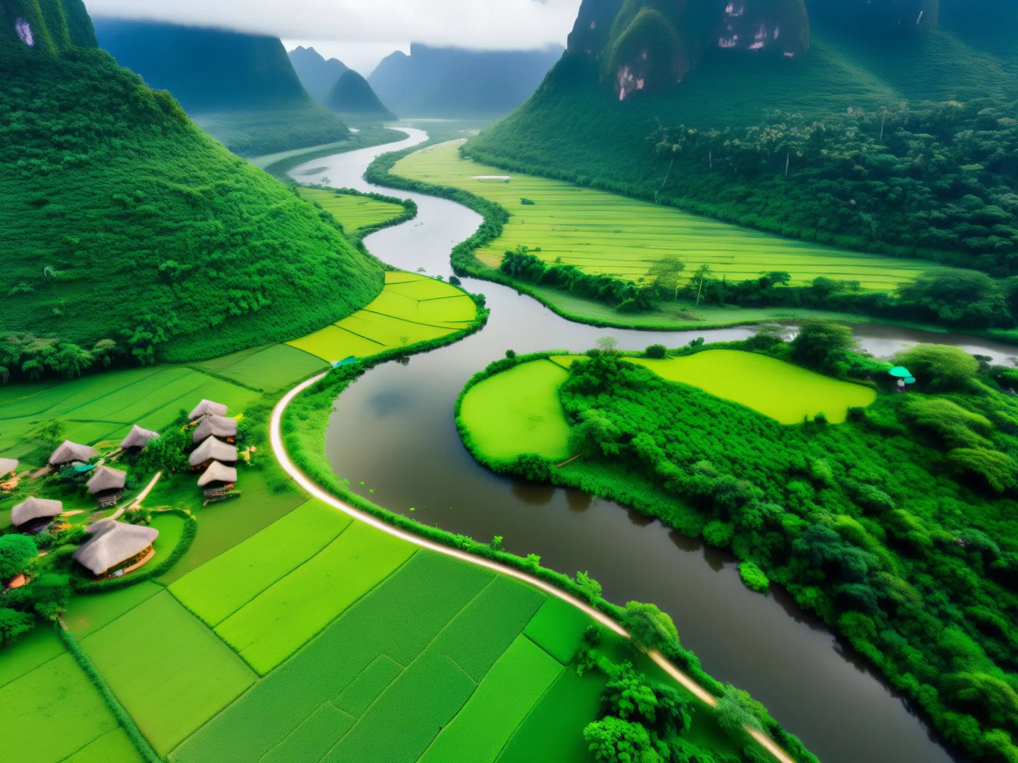 Vista aérea de un paisaje verde exuberante con un río serpenteante y una aldea indígena en armonía con la naturaleza