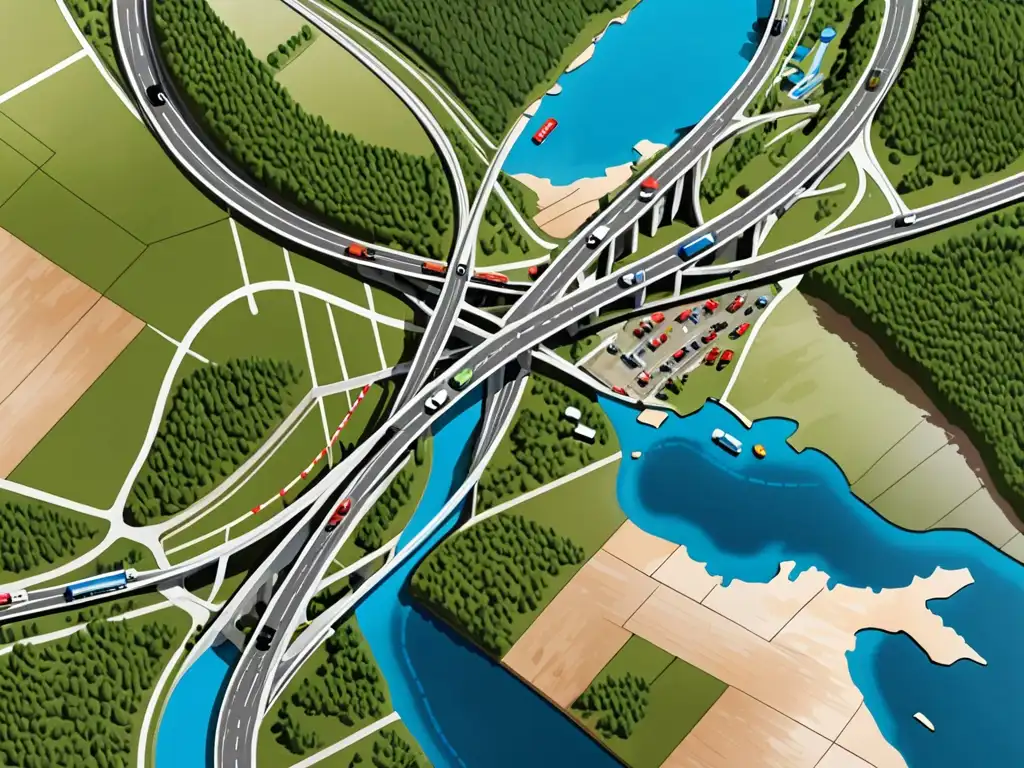 Vista aérea de países europeos con carreteras y puentes interconectados, destacando la cooperación transfronteriza en desastres ambientales en Europa