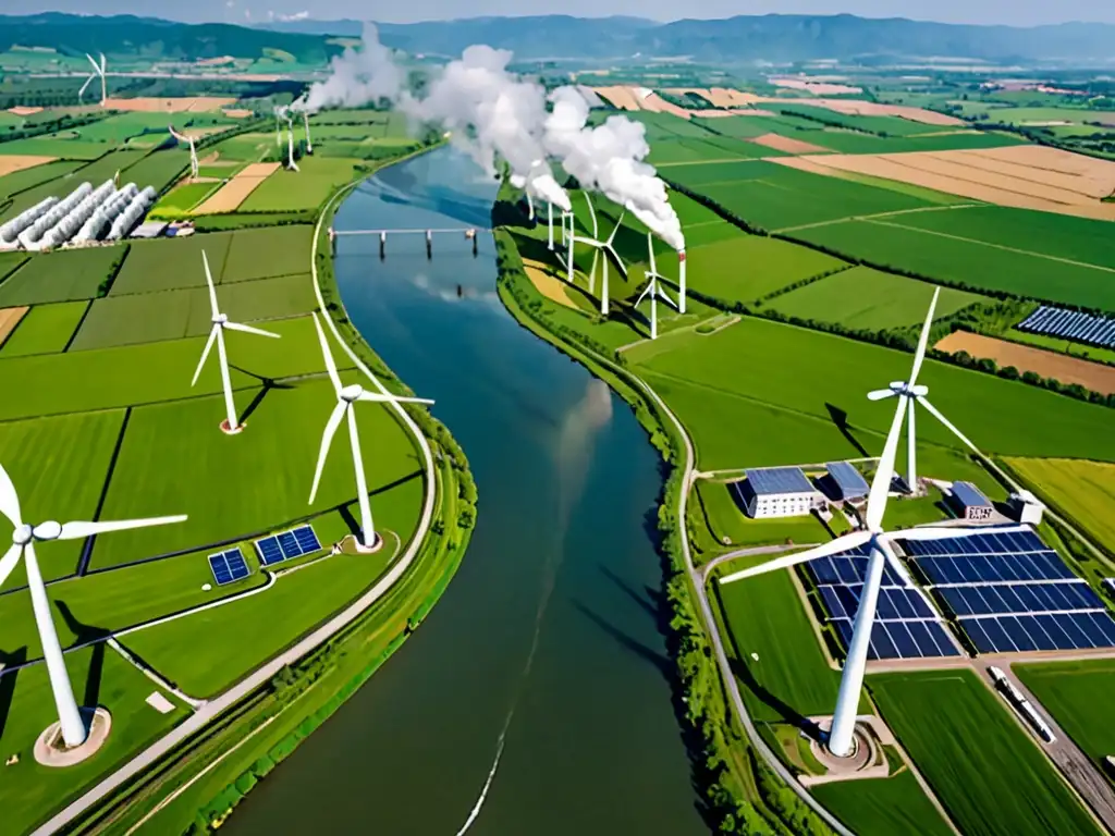 Vista aérea panorámica de paisaje verde con río que divide dos países