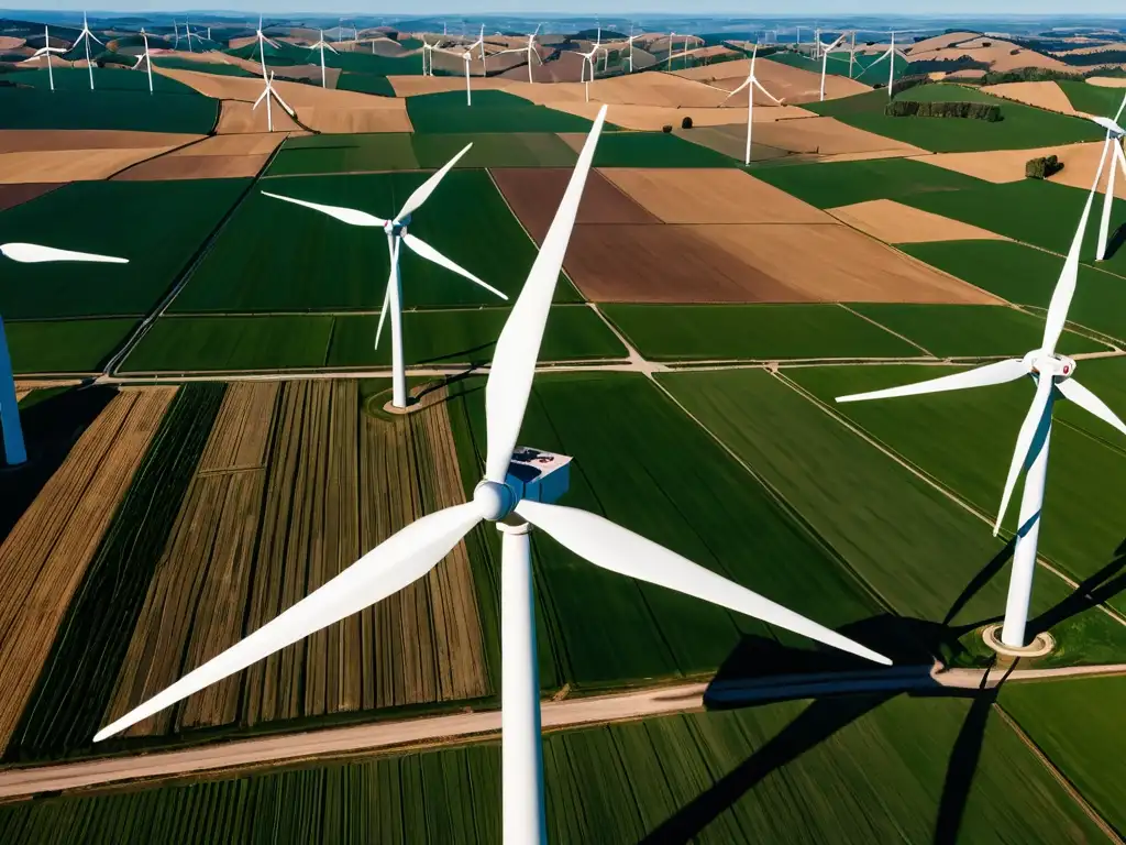 Vista aérea de un parque eólico en el campo europeo, con turbinas girando elegantemente, proyectando sombras largas sobre los campos verdes