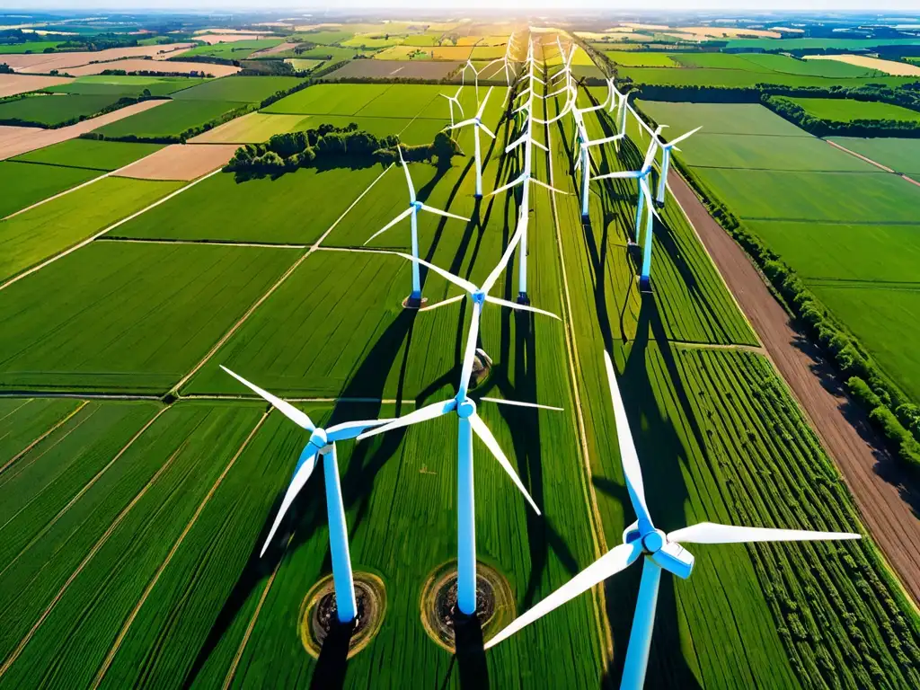 Vista aérea de un parque eólico en un paisaje verde exuberante, con hileras de altos aerogeneradores blancos que se extienden hacia el horizonte bajo un cielo azul brillante