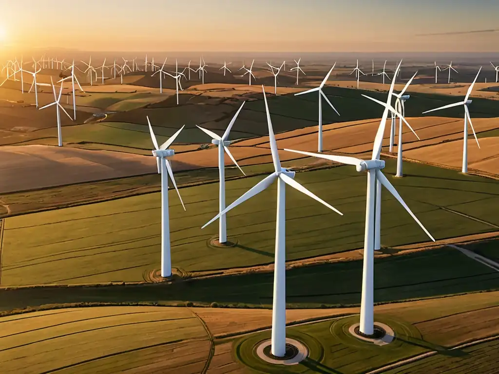 Vista aérea de un parque eólico al atardecer, con ingenieros y abogados discutiendo desafíos legales en proyectos eólicos ambientales