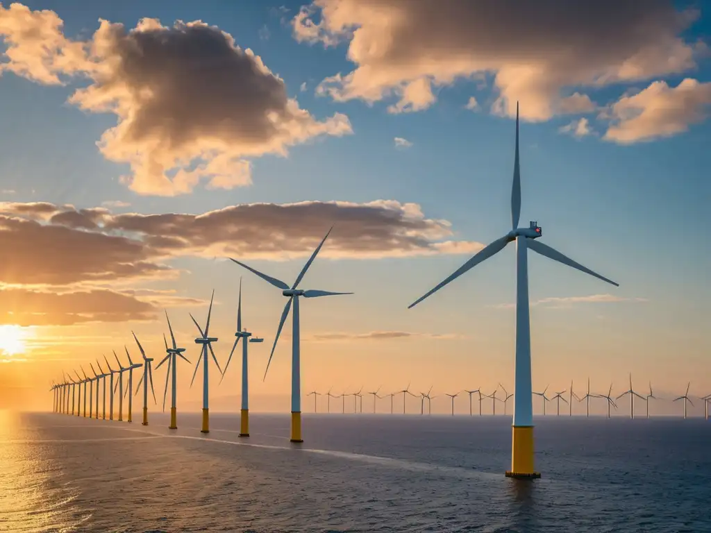 Vista aérea de un parque eólico en el mar al atardecer, mostrando turbinas blancas capturando la energía del viento