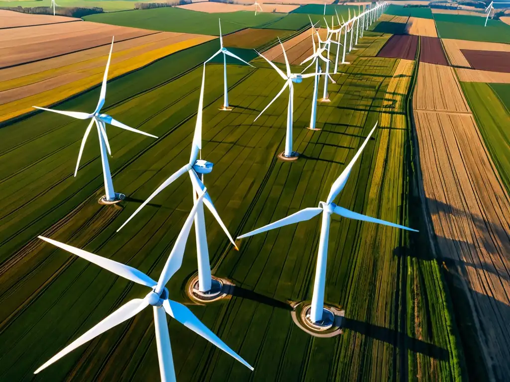 Vista aérea de un parque eólico, muestra armonía entre tecnología y naturaleza, resaltando el cumplimiento ambiental sector energético