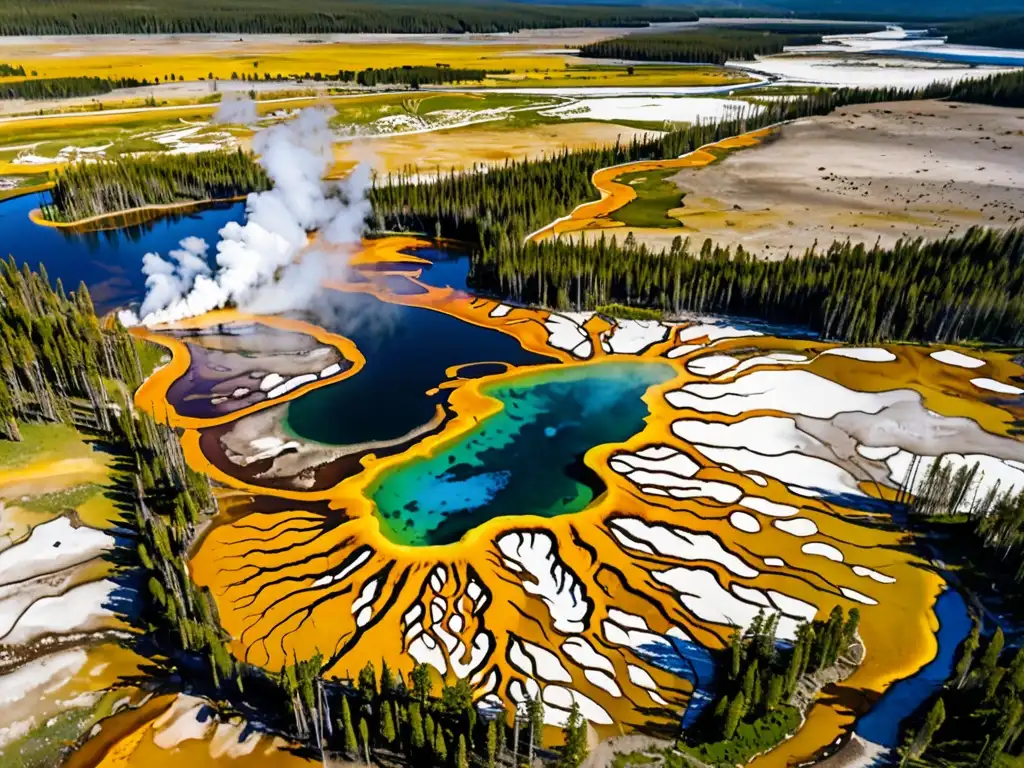 Vista aérea del Parque Nacional Yellowstone, muestra ecosistemas diversos y la coexistencia de vida silvestre y visitantes