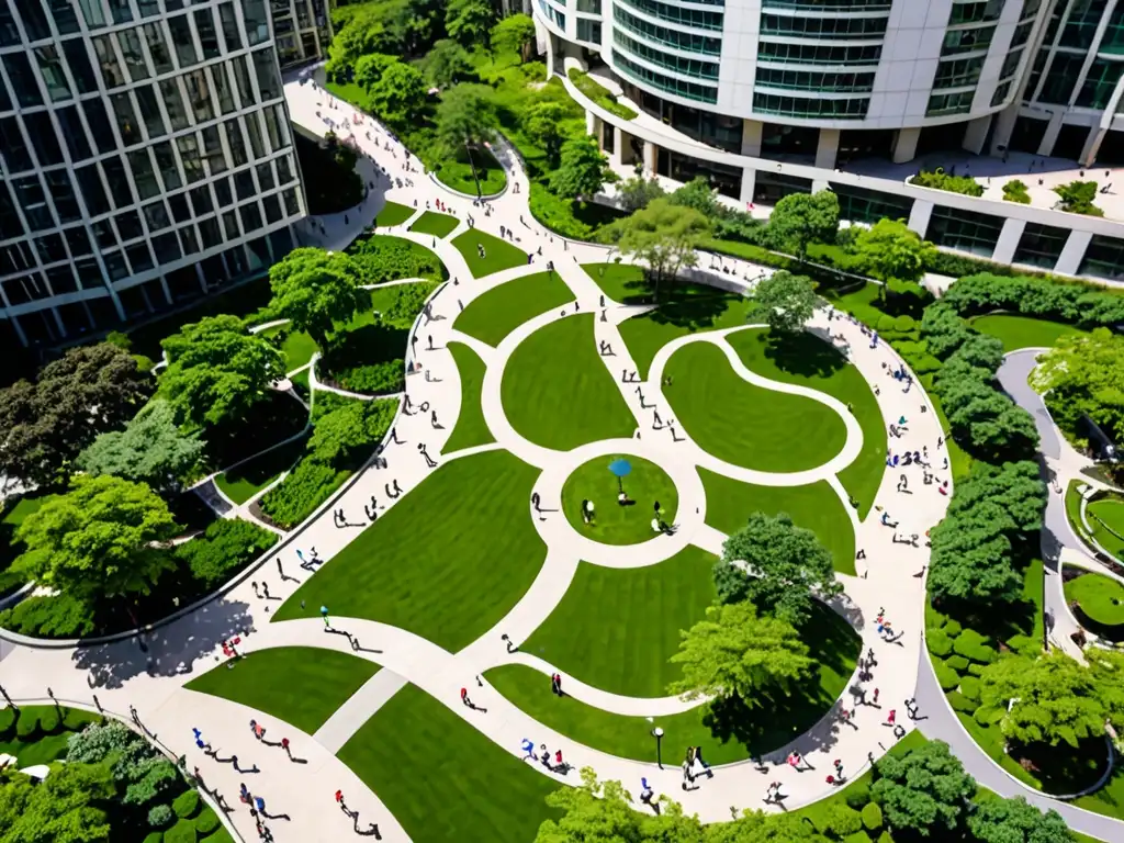 Vista aérea de un parque urbano bien cuidado con vegetación exuberante, senderos serpenteantes y paisajismo meticuloso