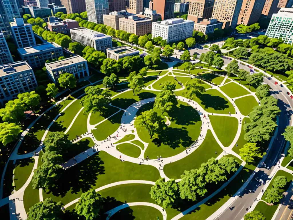 Vista aérea de un parque urbano con vegetación exuberante, senderos sinuosos y personas disfrutando de actividades recreativas