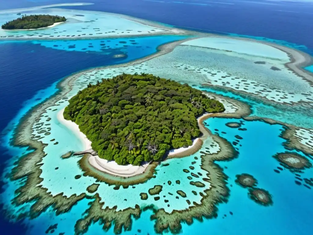 Vista aérea de una pequeña isla del Pacífico rodeada de aguas turquesas cristalinas, con arrecifes de coral vibrantes visibles bajo la superficie