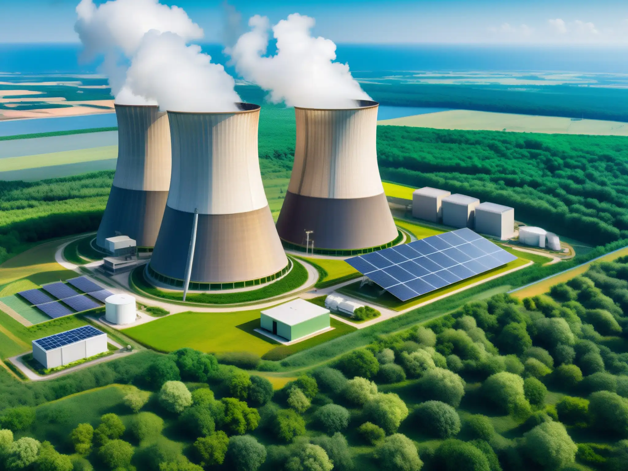 Armonía nuclear: Energía sostenible entre tecnología y naturaleza Vista aérea de una planta nuclear en armonía con la naturaleza, integrando fuentes de energía renovable como paneles solares y turbinas eólicas
