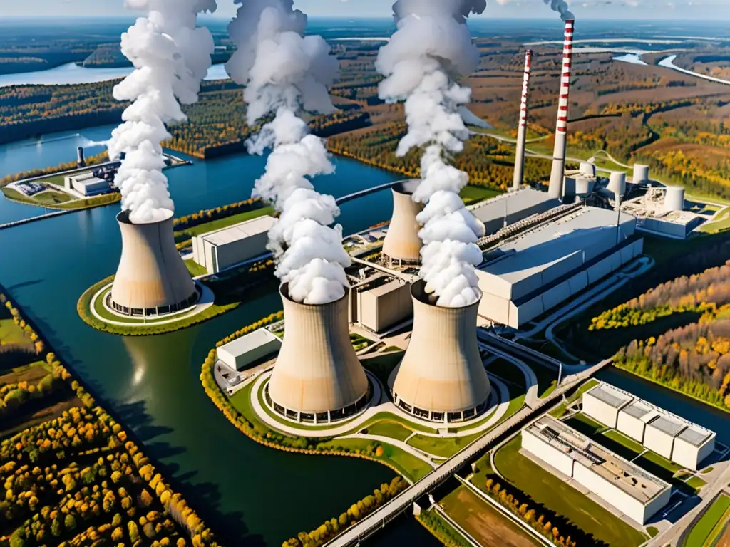 Vista aérea de planta nuclear junto a paisaje natural, reflejando contraste entre industria y naturaleza