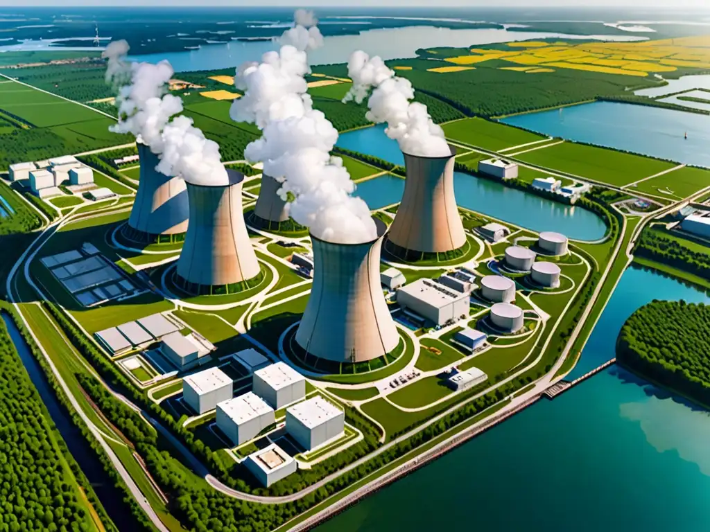 Armonía nuclear: la tecnología y la naturaleza en equilibrio Vista aérea de planta nuclear rodeada de vegetación exuberante y agua brillante, destacando la coexistencia de tecnología avanzada y armonía ambiental