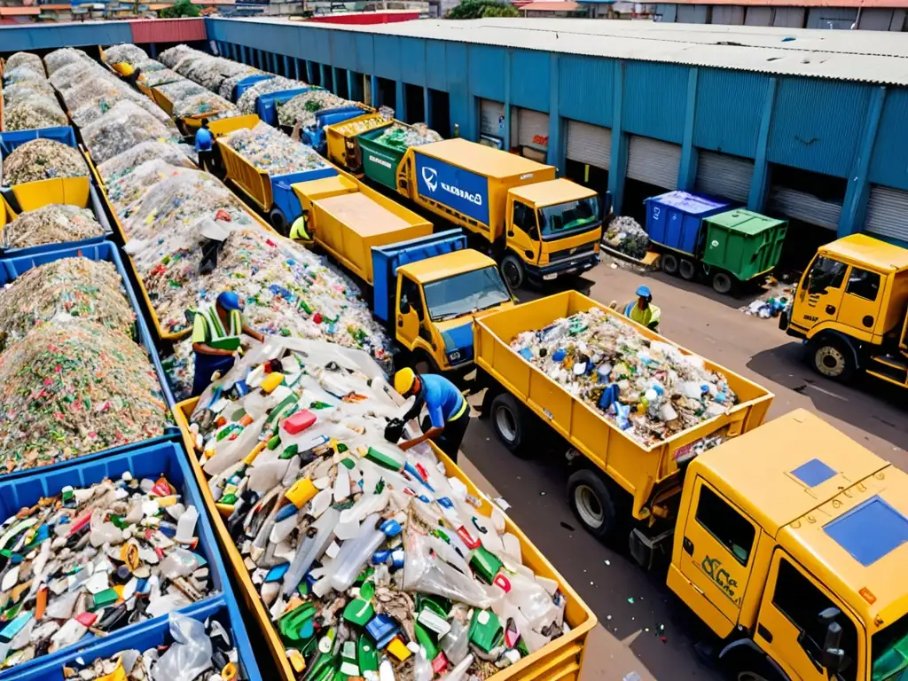 Vista aérea de una planta de reciclaje en una ciudad latinoamericana, con trabajadores clasificando materiales reciclables