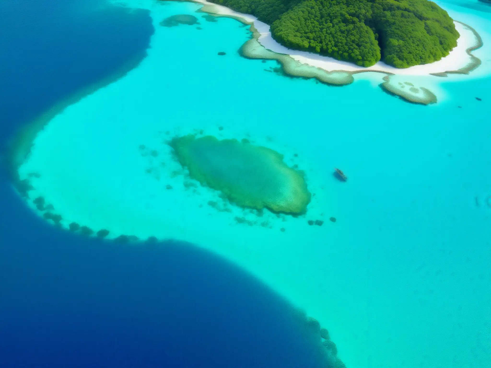 Vista aérea de un área marina protegida, con aguas turquesas, arrecifes de coral vibrantes y vida marina