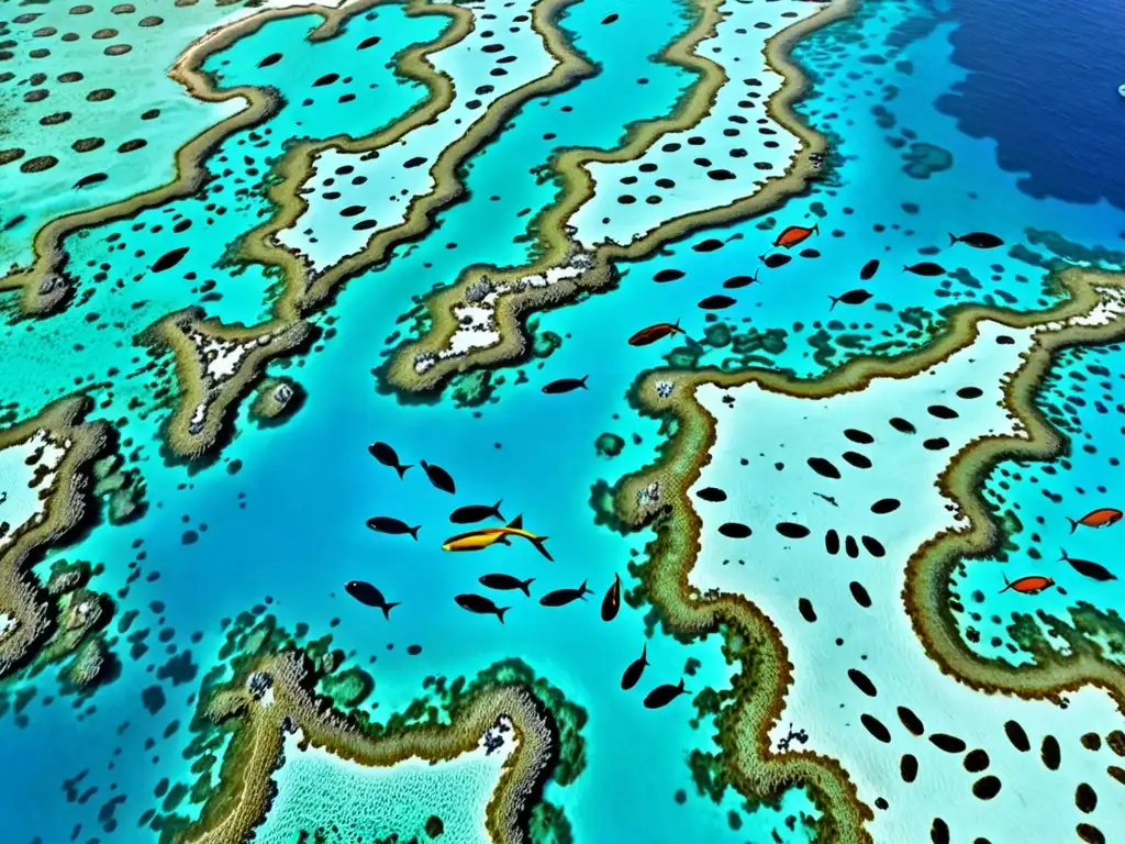 Vista aérea de un área marina protegida con aguas turquesas cristalinas, arrecifes de coral vibrantes y vida marina diversa