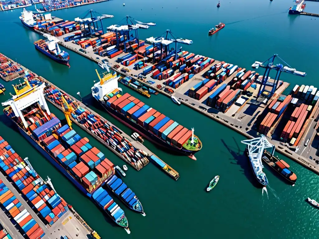 Vista aérea de puerto con barcos grandes y actividad marítima, resaltando la necesidad de leyes internacionales sobre contaminación marina