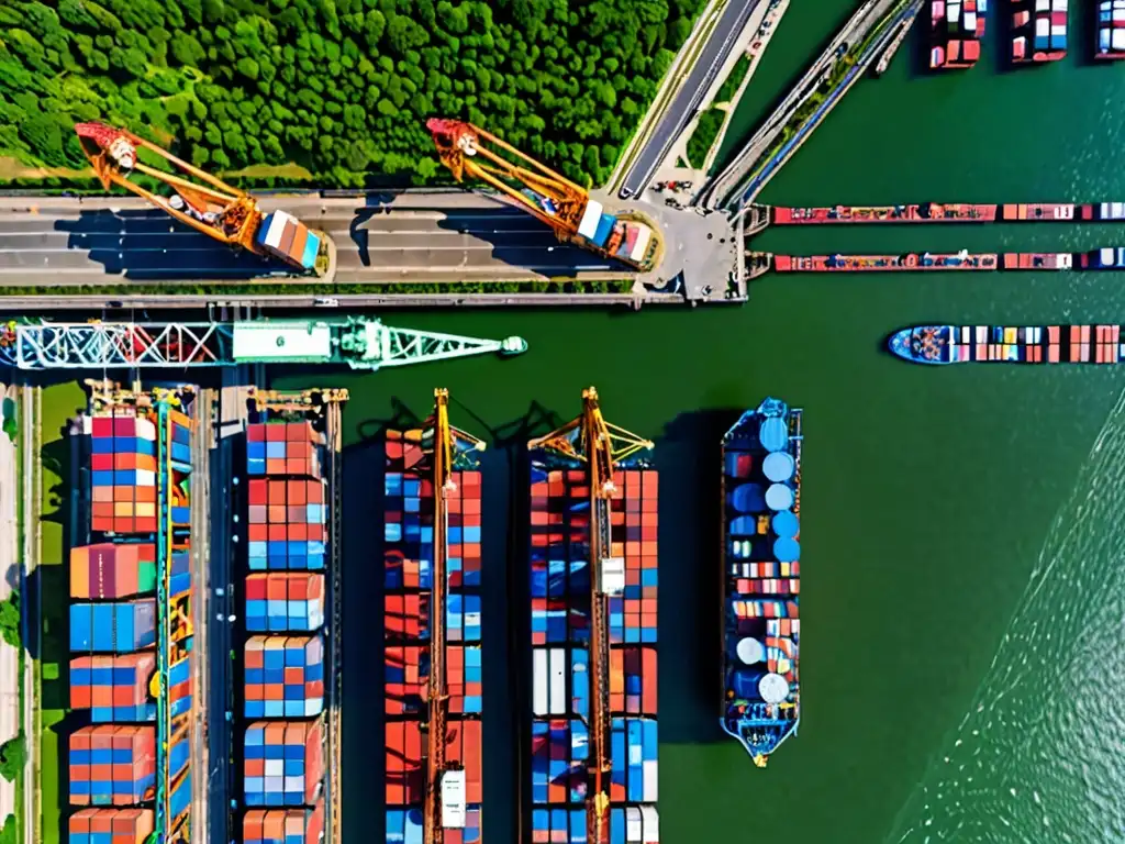 Vista aérea de puerto industrial en plena actividad, con maquinaria, barcos y desarrollo urbano