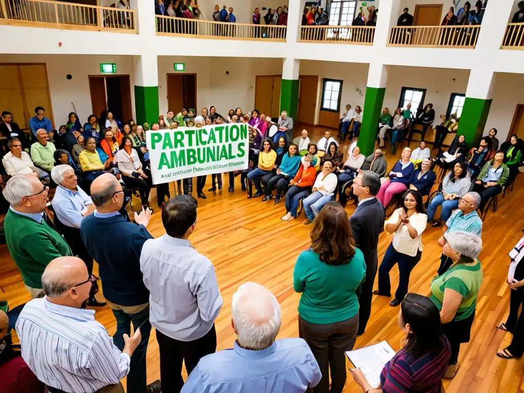 Participación Comunitaria en Políticas Ambientales Vista aérea de una reunión comunitaria con participación pública en asuntos ambientales, iluminada por cálida luz natural