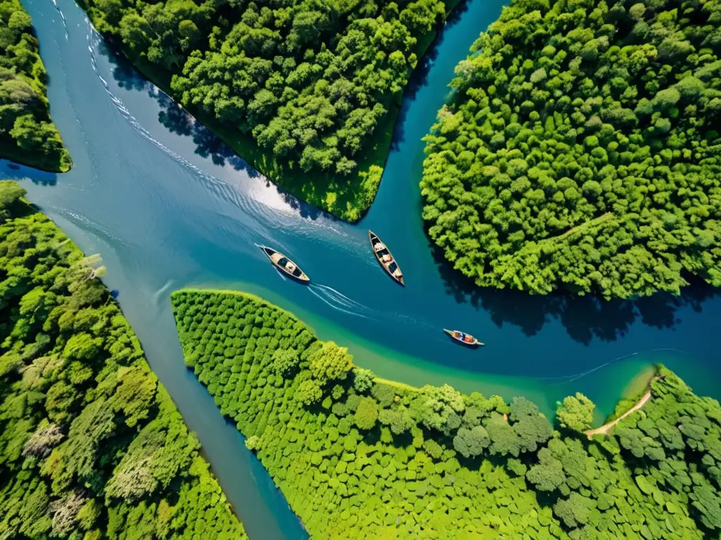 Vista aérea de un río azul serpenteando entre bosques verdes, con botes y pescadores en su superficie