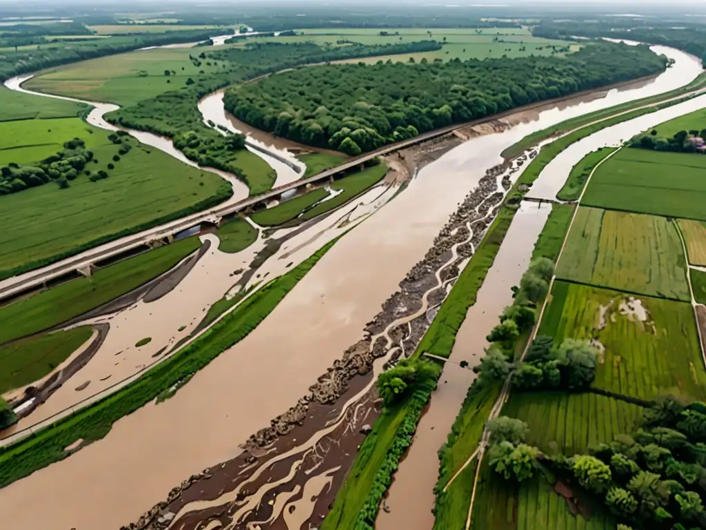 Vista aérea de un río contaminado en un paisaje rural, con agua marrón y desechos