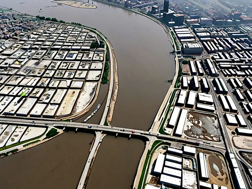 Vista aérea de río contaminado en ciudad, destaca la urgencia de respuestas legales crisis contaminación agua