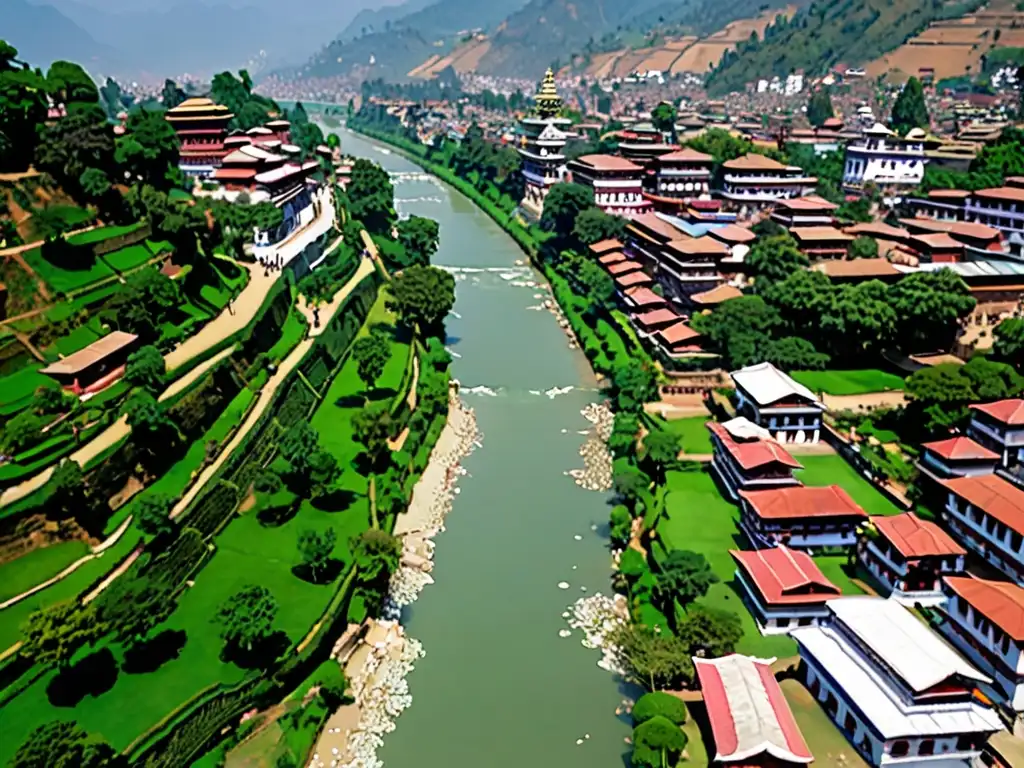 Vista aérea del río Bagmati serpenteando por el exuberante valle de Katmandú, con los majestuosos Himalayas al fondo