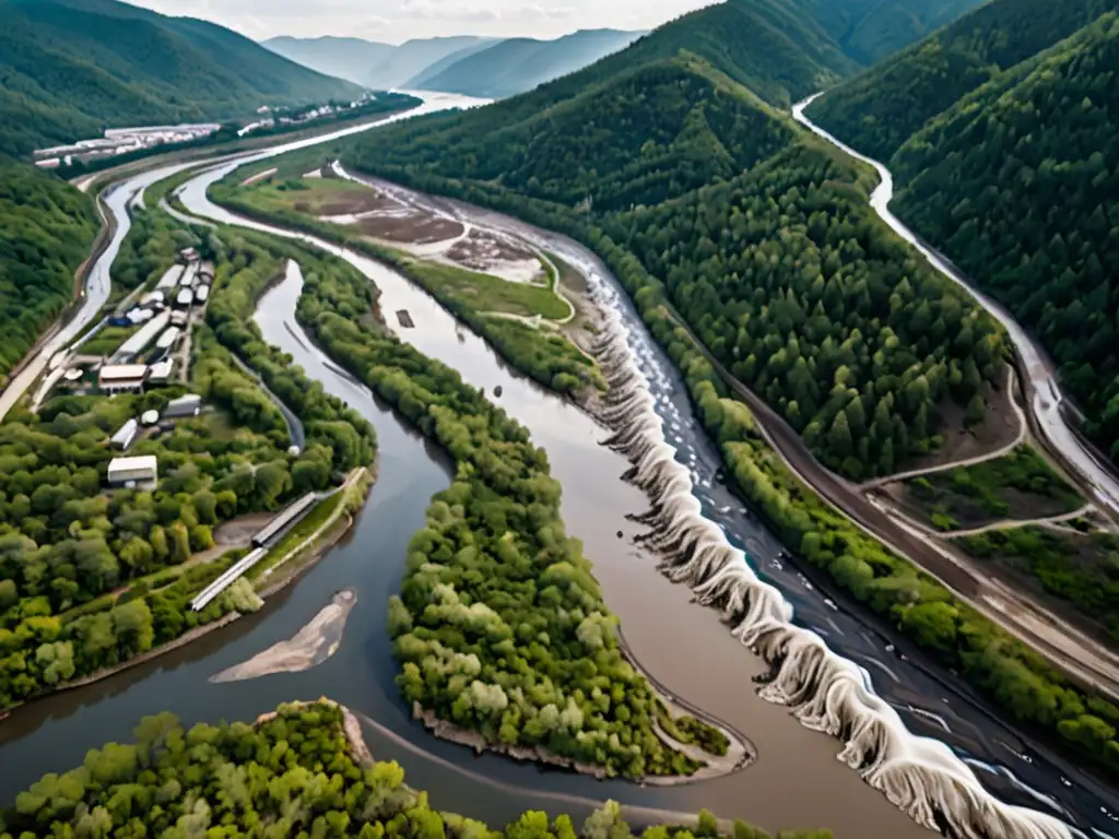 Vista aérea del río en las montañas con signos de contaminación