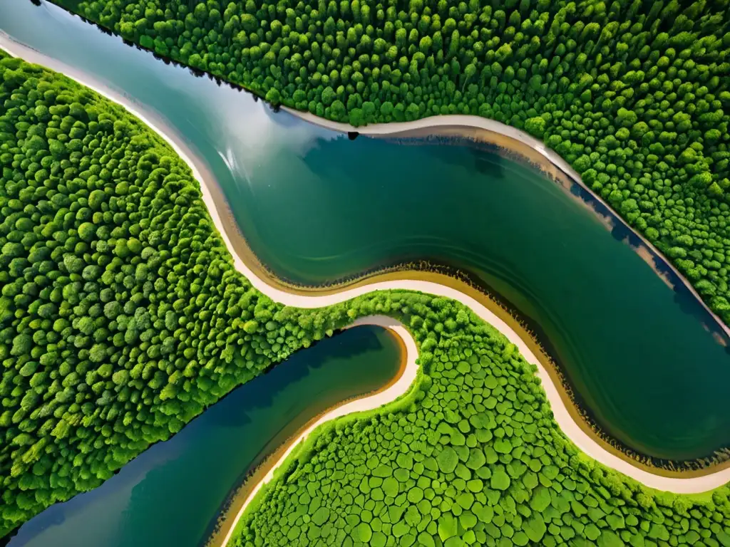 Río transfronterizo: belleza natural y armonía Vista aérea del río transfronterizo, reflejando la luz del sol entre exuberantes paisajes