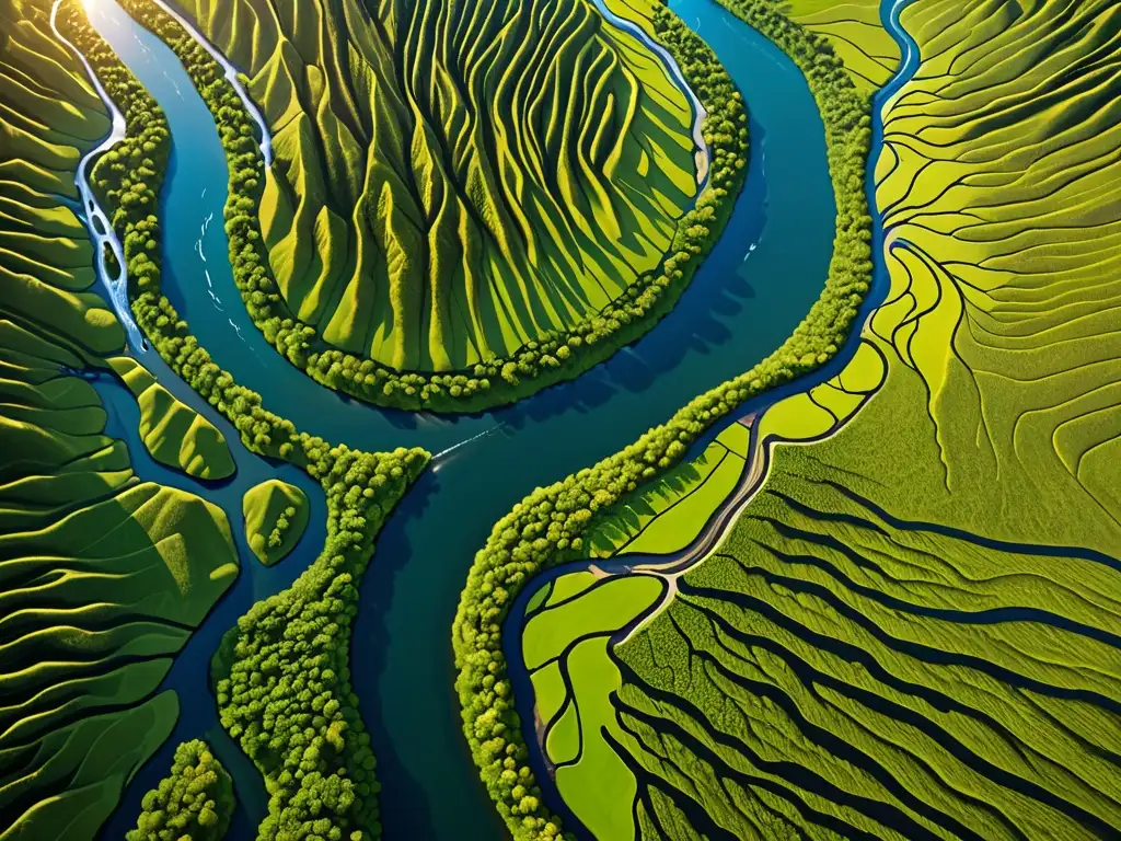 Vista aérea de ríos y bosques verdes, resaltando la gestión sostenible del agua global en un paisaje impresionante