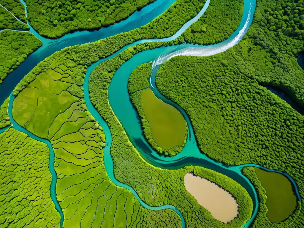 Vista aérea de ríos y vegetación exuberante en Oceanía, resaltando la Sustentabilidad del agua en la región