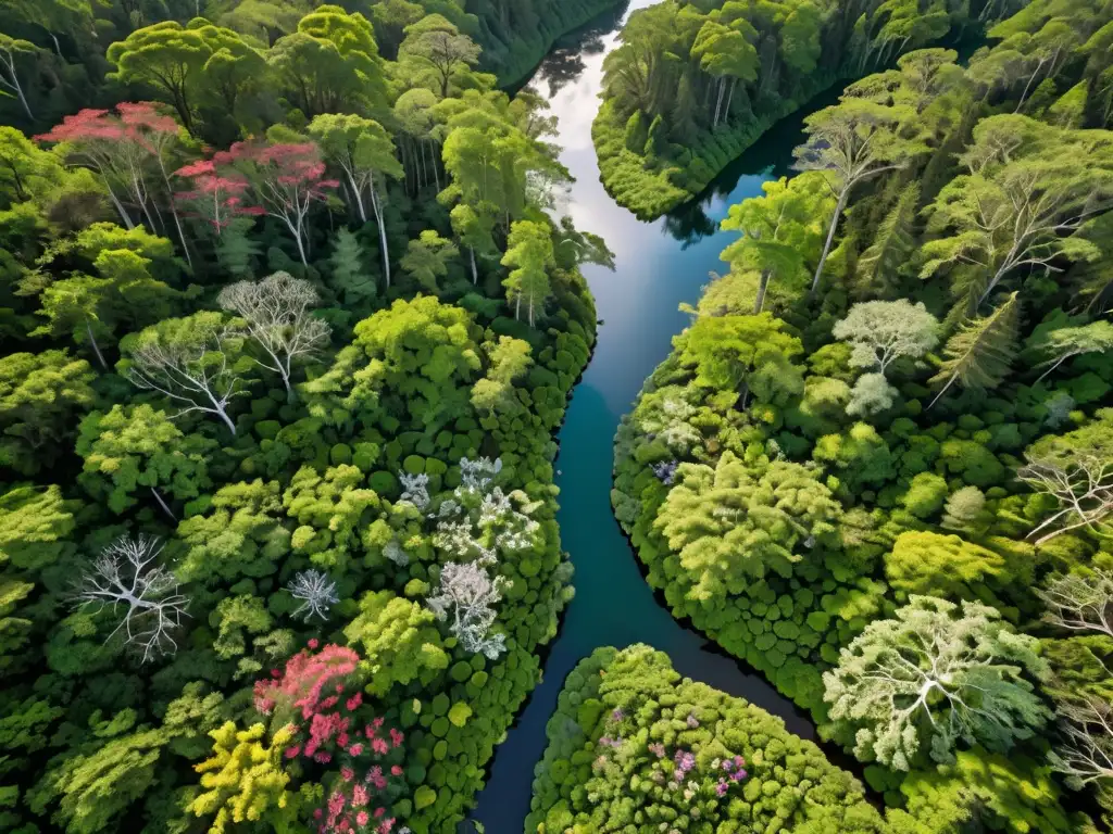 Vista aérea serena de un exuberante bosque con luz solar filtrándose entre el follaje