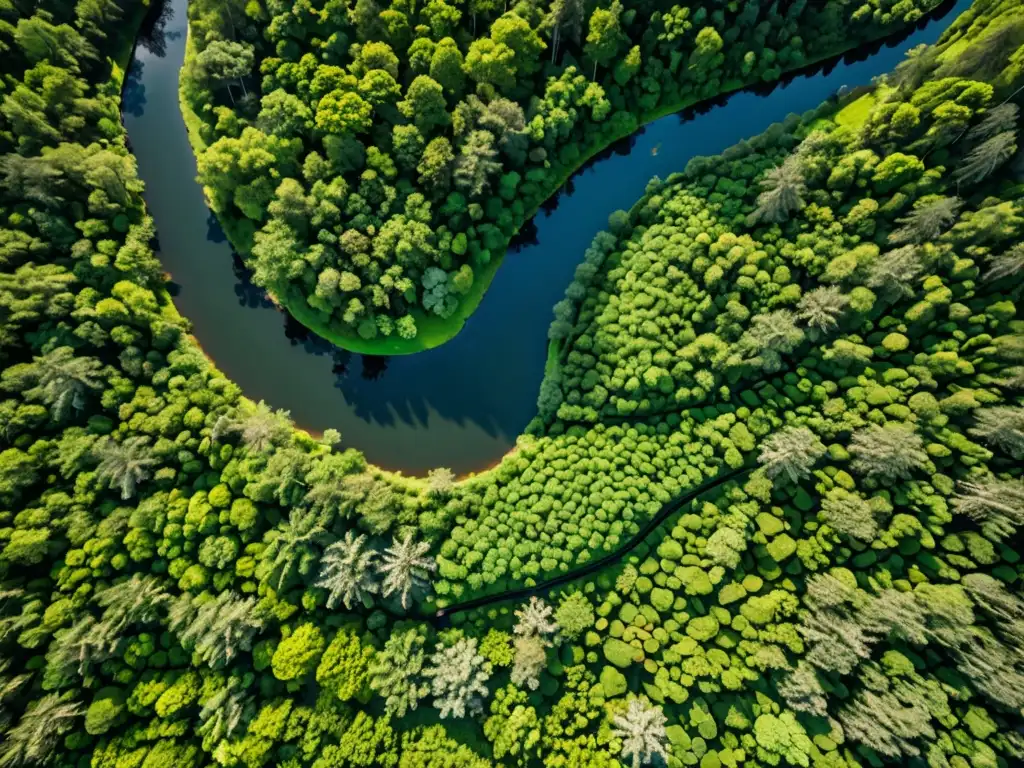 Vista aérea serena de un exuberante bosque verde con un río serpenteante, destacando la belleza natural y biodiversidad