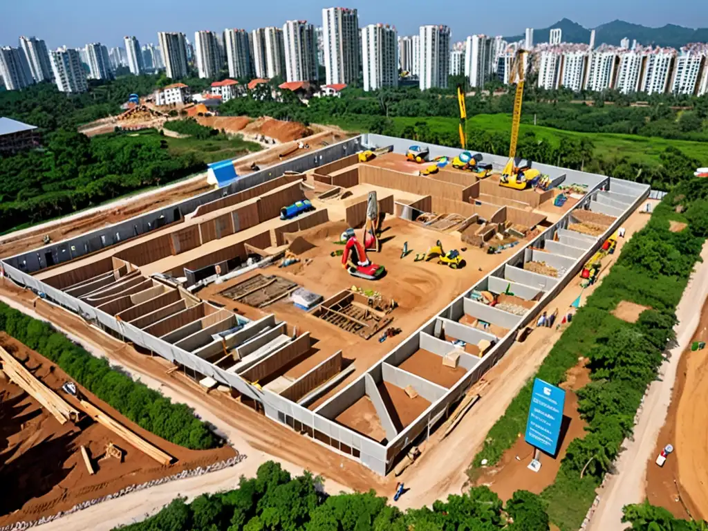 Vista aérea de sitio de construcción postdesastre, destacando técnicas sostenibles y la influencia del derecho ambiental en el desarrollo