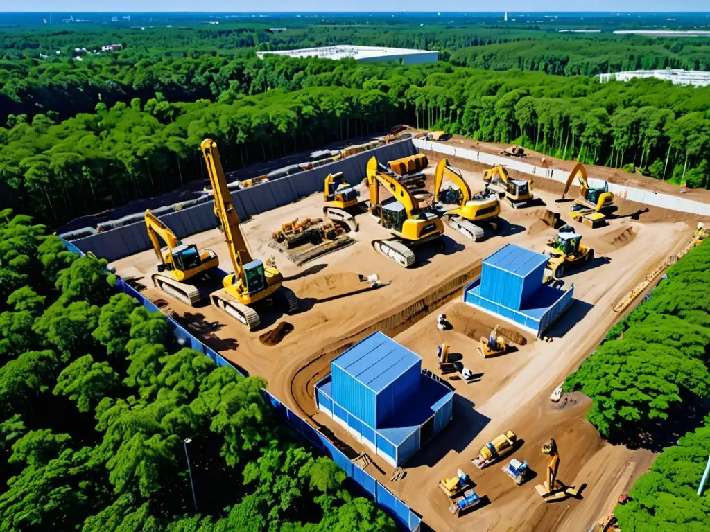 Vista aérea de sitio de construcción con trabajadores, maquinaria pesada y naturaleza exuberante